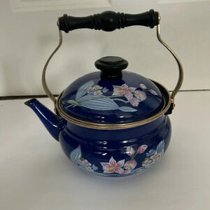 Gaylston Sutton Jardin Collection porcelain enameled blue teakettle vintage